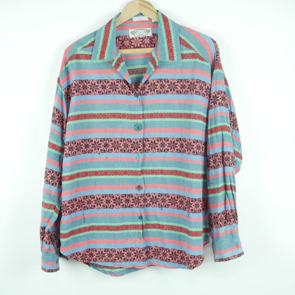 Vintage Large Button Up 90s Multicolor‎ Embroidered Stripe Boho Peasant Festival